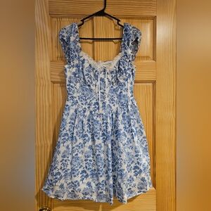 New Blue & White Toile Fit & Flare Dress  Lace Trim Cottagecore Juniors Summer